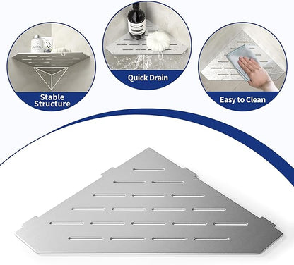 Corner Shower Shelf 10" Brushed 304 Stainless Steel Pentagonal Heavy Duty Floating Corner Shelf Slot Design Recessed Bathroom Shelf for Tiled Wall, No Drilling Needed