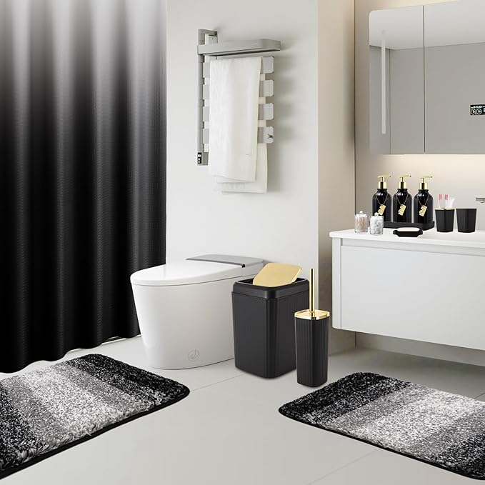32PCS Bathroom Set Bathroom Sets with Shower Curtain and Rugs Black Bathroom Accessories,Shower Curtain Set,Bathroom Rug Set with Bathroom Trash Can
