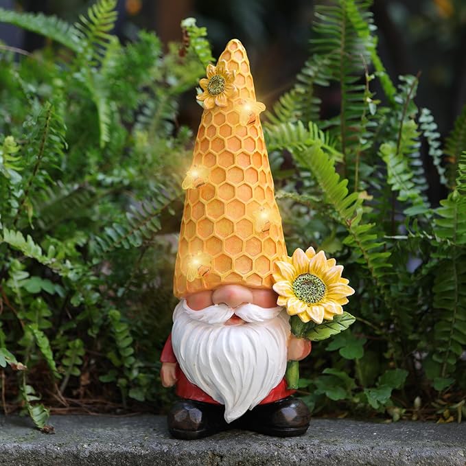 Solar Gnome Garden Decor Outdoor Statue - Gnome Sunflower LED Waterproof Sculptures Lights, Gnome Pond/Yard Statues Outside Decoration, Home, Lawn, Patio, Resin Animal Ornament, Women/Gardening Gift