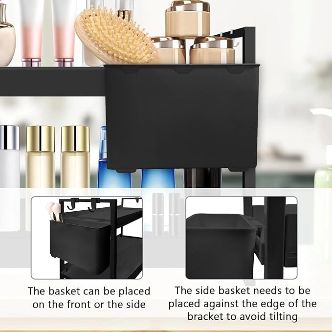 Bathroom Counter Organizer with Basket & Hooks, 2 Tier Bathroom Organizers and Storage for Perfume, Cologne or Spice, Black Countertop Organizer for Vanity, Kitchen, Office or Under Sinks