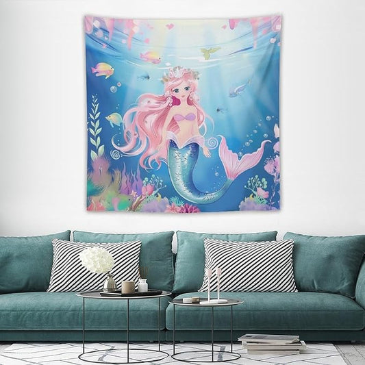 HZOHNAGO Mermaid Girls Tapestry Watercolor Mermaid Princess Pattern Printed Wall Tapestry Wall Hanging for Bedroom Living Room Dorm 60" W x 60" H