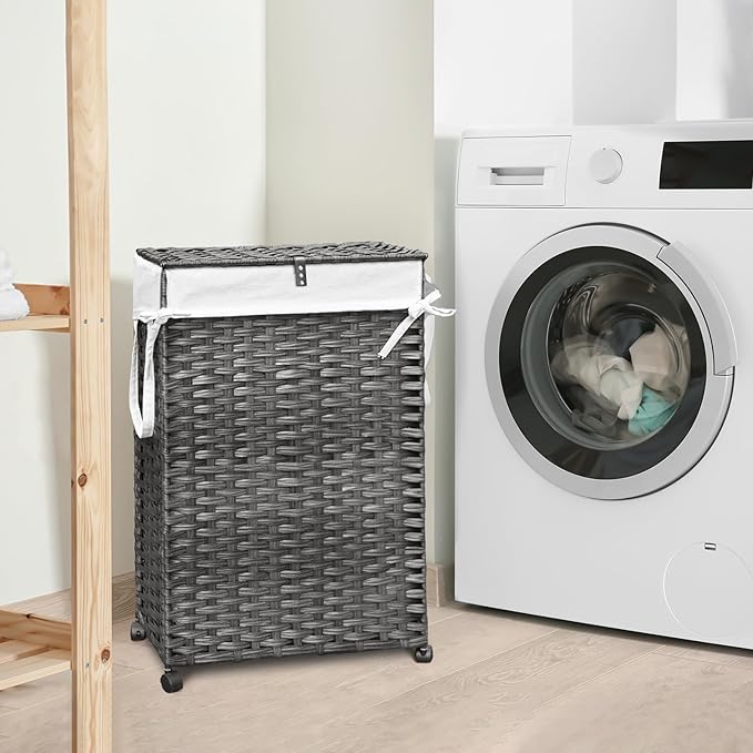 70L Slim Laundry Hamper with Lid & Wheels, 2-Park Rolling Laundry Basket with 4 Removable Liner Bags & 3 Mesh Bags, Narrow Dirty Clothes Basket, Foldable Handwoven Rattan Laundry Sorter, Grey