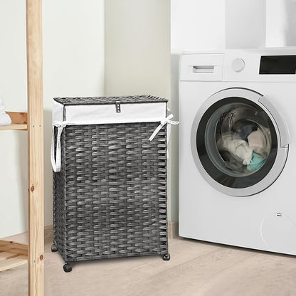 70L Slim Laundry Hamper with Lid & Wheels, 2-Park Rolling Laundry Basket with 4 Removable Liner Bags & 3 Mesh Bags, Narrow Dirty Clothes Basket, Foldable Handwoven Rattan Laundry Sorter, Grey