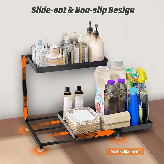 TATAANTY Under Sink Organizer, 2 Packs 2 Tier Black Steel Under Sink Storage, Undersink Organizers for Bathroom, Cabinet, Counter, Kitchen