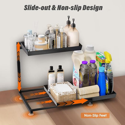 TATAANTY Under Sink Organizer, 2 Packs 2 Tier Black Steel Under Sink Storage, Undersink Organizers for Bathroom, Cabinet, Counter, Kitchen