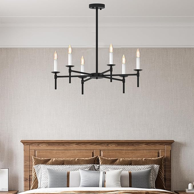 Black LED Chandeliers, Round Candle Hanging Lamp Ceiling, Modern Bedroom Chandelier Light Fixture for Kitchen Island Dining Room Living Room Farmhouse (Black-B 6Lights)