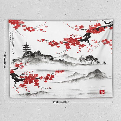 Cherry Blossoms Tapestry, Japanese Fuji Mountain Tapestry, Asian Japanese Wall Tapestry, Nature Landscape Tapestries for Bedroom Living Room Decor 80"x60"