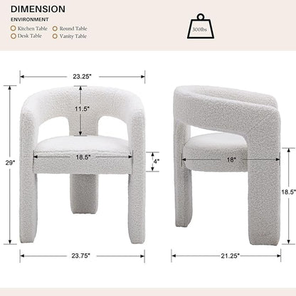 White Boucle Dining Chairs Set of 4, Modern Barrel Dining Room Chairs Upholstered Faux Fur Accent Chair with Arms and Round Back for Living Room Kitchen Armchair No Assembly Needed
