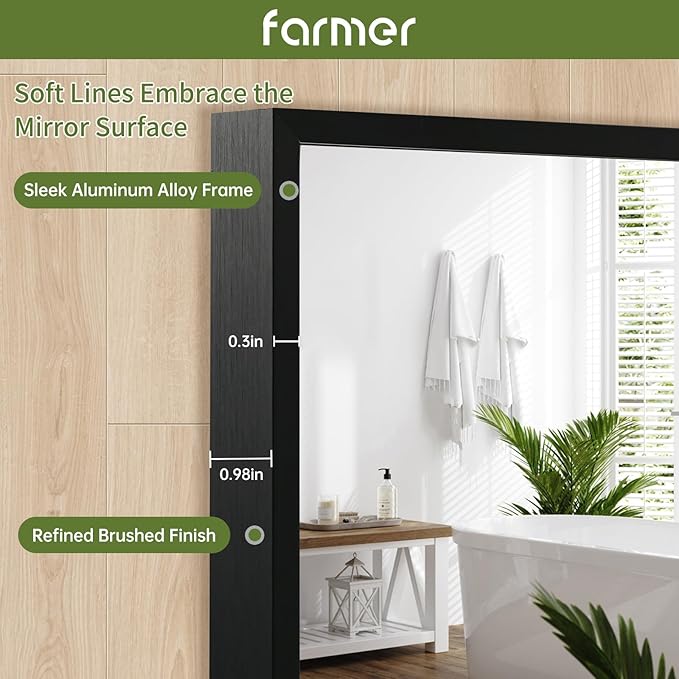 FARMER 24x32 Inch Black Bathroom Mirror, Rectangle Wall Mounted Mirror, Vanity Mirror, Brushed Square Mirror, Framed Bathroom Mirror for Bedrooms, Entryways, Living Rooms, Horizontal/Vertical