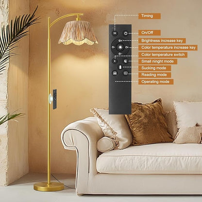 Oneach Boho Floor Lamp with 3 Color Temperatures, Farmhouse Floor Lamps for Living Room with Remote & Dimmable Bulb, Rattan Floor Lamp for Bedroom, Gold