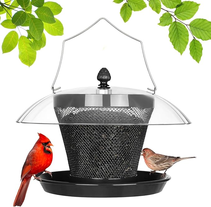 Veehoo Bird Feeders for Outdoors Hanging-Cardinal Bird Feeder with Weatherproof Dome, Wild Meta Finch Feeder for Outside 2.5 lbs Sunflower Seed Capacity, Black