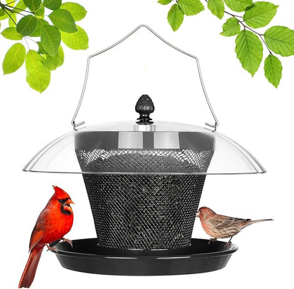 Veehoo Bird Feeders for Outdoors Hanging-Cardinal Bird Feeder with Weatherproof Dome, Wild Meta Finch Feeder for Outside 2.5 lbs Sunflower Seed Capacity, Black
