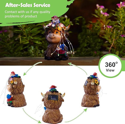Solar Highland Cow Outdoor Statues for Garden: Outside Decor with Funny Gnomes Clearance for Yard Art Lawn Ornaments Porch Patio Balcony Home House - Birthday Gifts for Grandma Mom Women(Cow Gnome)