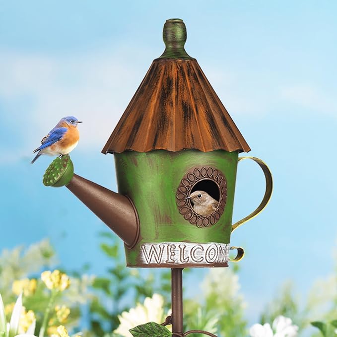 BAYN 57” Bird Houses Stake for Outside, Metal Watering Can Birdhouse Garden Stake Wild Bird Feeder Pole with Welcome Sign Outdoor Decorations for Patio, Backyard, Garden