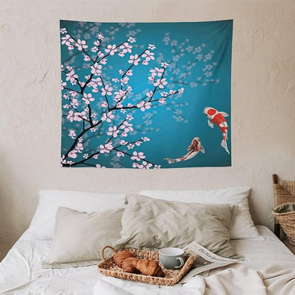 Japanese Koi Fish Tapestry, Cherry Blossoms Asian Oriental Green Teal Flower Branch Koi Fish Carp Tapestries Wall Hanging for Bedroom Living Room Office Decor 60"x50"