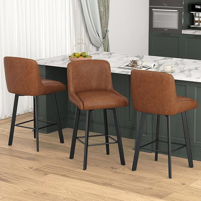 Swivel Bar Stools Set of 3, 26''H Upholstered Barstools with Backs, Modern Counter Height Bar Stool Chairs for Kitchen Island, Metal Legs, Faux Leather, Brown Counter Stools