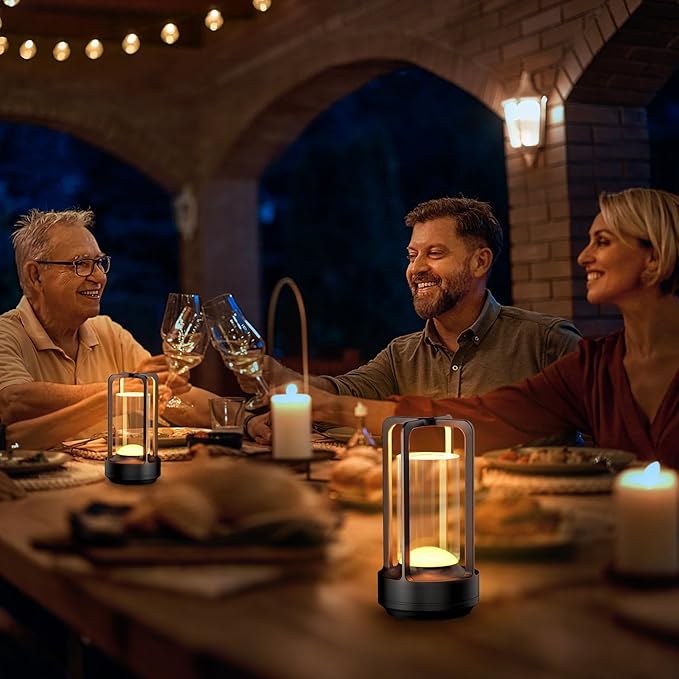 Portable Table Lamp for Outdoor Indoor: Cordless Rechargeable Desk Lamp with 3 Color Stepless Dimmable - Metal Battery Operated Small Lantern Light for Restaurant/Bedroom/Bar/Coffee Shop/Camping