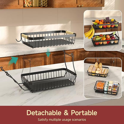 3 Tier Fruit Basket for Kitchen Counter with 2 Mobile Banana Hangers, 2025 Pro Detachable Metal Fruit Bowl with Wooden Handle, Fruit Holder for Bread Snack Veggies with Protective Mats