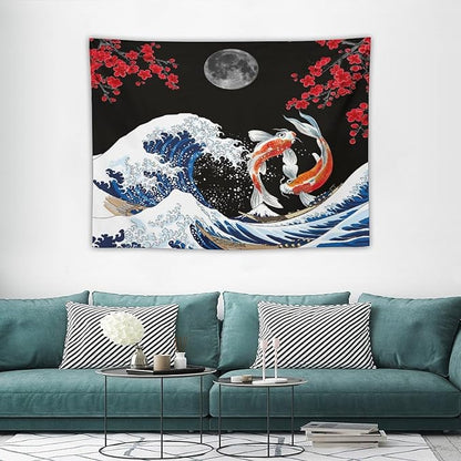 Houselerax Japanese Koi Fish Tapestry, Yin Yang Big Wave Red Cherry Blossom Tapestries Wall Hanging for Bedroom Living Room Office Decor 40"x30"