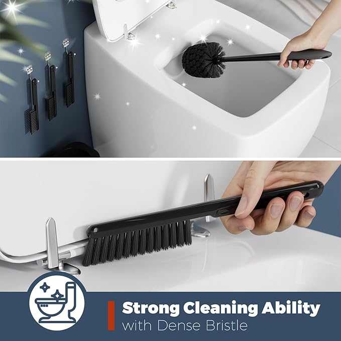 Toilet Brush, 3 Pack Toilet Brush and Holder Set Bathroom Accessories, Toilet Bowl Brush and Holder with 3 Crevice Brush for Bathroom, Toilet Scrubber Brush (Black)