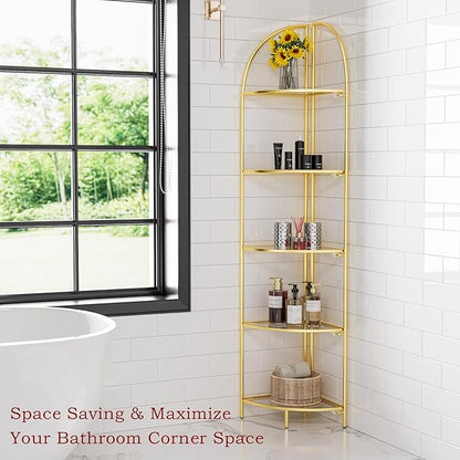 Crofy Foldable 5 Tier Corner Shelf, Metal Corner Plant Stand with Gold Frame and Transparent Shelves, Corner Display Rack Multipurpose Shelving Unit for Living Room, Bedroom, Bathroom