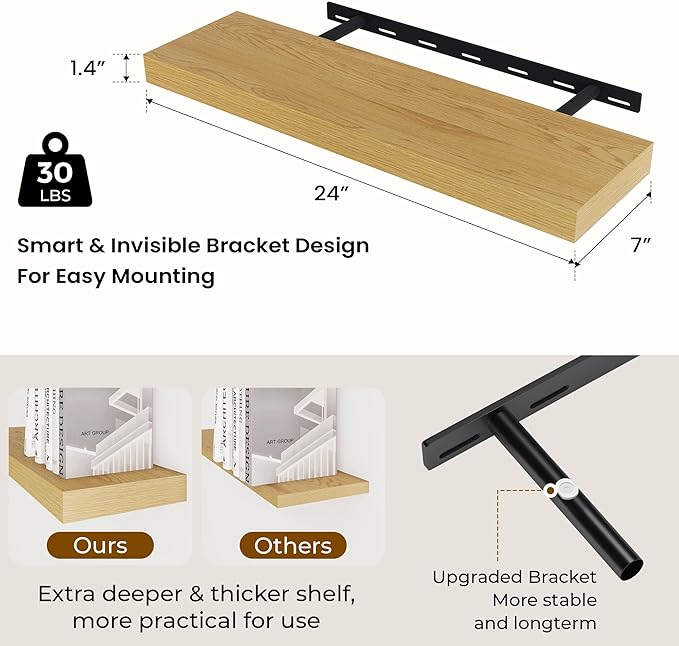 24 inch Floating Shelves Long Floating Shelves for Wall Large Wall Mounted Shelves with Invisible Brackets, Oak Shelves for Bathroom, Living Room, Kitchen, Office, 24x6.7 inch deep Set of 2