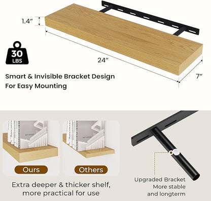 24 inch Floating Shelves Long Floating Shelves for Wall Large Wall Mounted Shelves with Invisible Brackets, Oak Shelves for Bathroom, Living Room, Kitchen, Office, 24x6.7 inch deep Set of 2