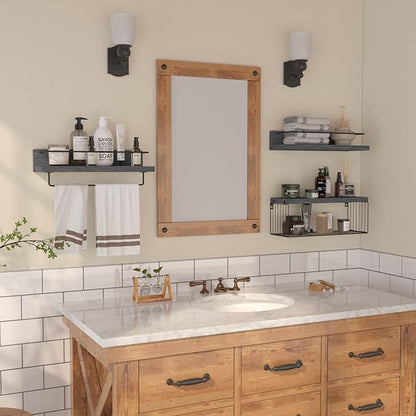 Bathroom Shelves Over Toilet for Wall, Floating Shelves with Storage Basket Paper Holer for Kitchen Living Room, Bedroom & Classroom, Set of 3 (Grey)