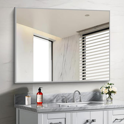 30x40In Silver Bathroom Mirror for Wall, Brushed Nickel Rectangle Mirrors with Metal Frame, Bathroom Rectangular Mirror Modern Wall Mirror for Bedroom Living Room, Hangs Horizontal or Vertical