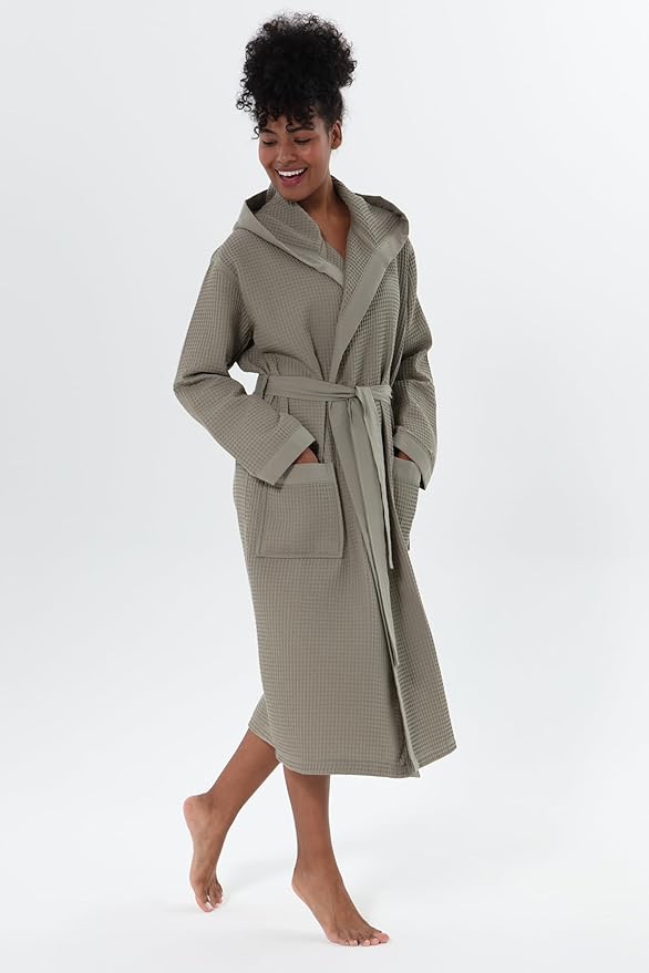 Women’s Luxury Waffle Shawl Collar, Hooded Robe w Piping – Lightweight, Long, Ultra Soft Spa Sleepwear Bathrobe