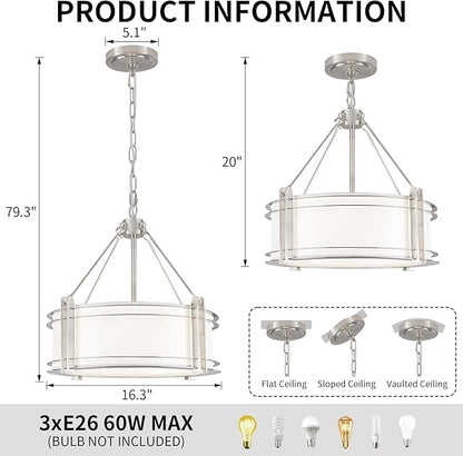 16.3''Drum Chandelier 3-Light Brushed Nickel Modern White Fabric Chandeliers Adjustable Drum Pendant Light for Dining Room Kitchen Island Hallway Living Bedroom