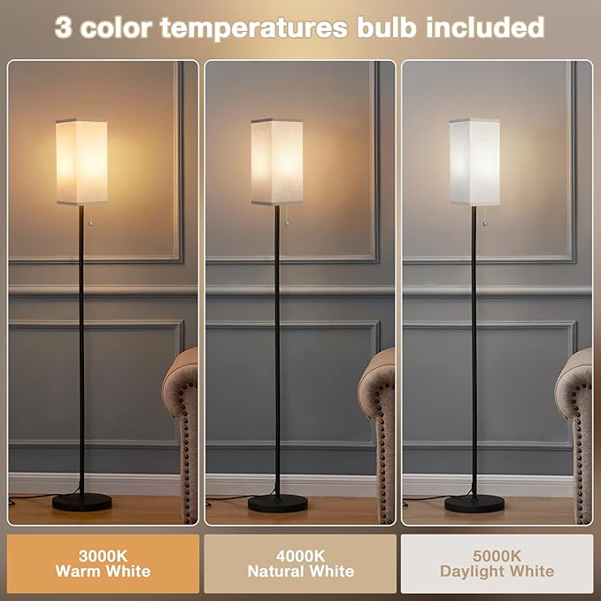 Ambimall Floor Lamp with 3 Color Temperatures Bulb & Pull Chain Switch, 64" Standing lamp, Beige Square Shade & Black Pole