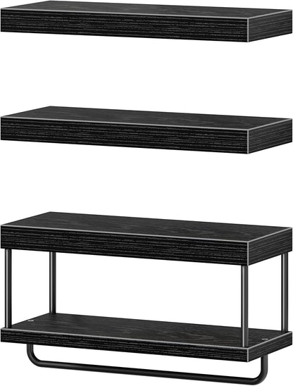 QEEIG Bathroom Floating Shelves Over Toilet - Wall Mounted Shelf Toilet Paper Storage Farmhouse 16 inch Set of 3, Black (027-40B3)