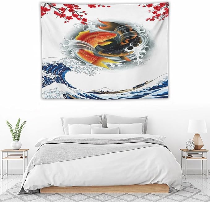 Houselerax Koi Fish Tapestry, Japanese Style Yin Yang Big Wave Cherry Blossoms Tapestries Wall Hanging for Bedroom Living Room Office Decor 40"x30"