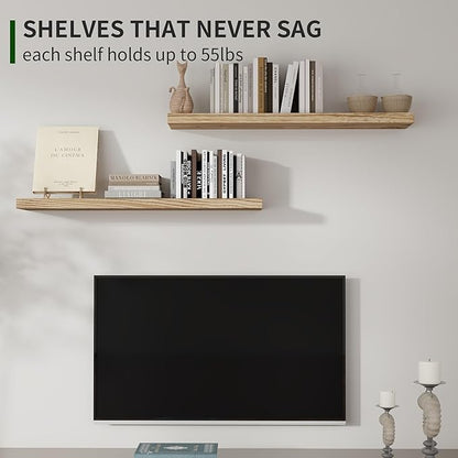 Wood Floating Shelves for Wall Set of 2, 36 Inch Wide Rustic Wooden Floating Shelves, Invisible Wall Mounted Display for Living Room Bedroom Kitchen Bathroom Office, Carbonized Black