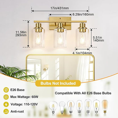 3-Light Vanity Lights with Clear Glass Shades, Brushed Gold Bathroom Light Fixtures Over Mirror, Modern Bathroom Wall Lamp for Mirror Living Room Cabinet Bedroom Porch