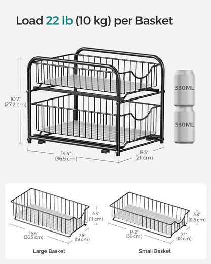 SONGMICS 2-Tier Pull Out Cabinet Organizers, Under Sink Organizer, Bathroom Organizer and Storage, Sliding Basket Drawers, Stackable for Kitchen, Bathroom, Ink Black UKCS017B01