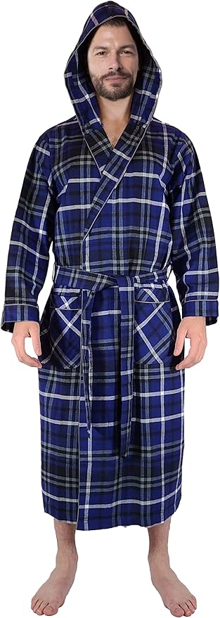 Andrew Scott Mens' Robe with Hoodie| Cotton Flannel Brush Plaid | All Season | Full Length House Robe
