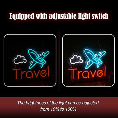 Travel Neon Sign USB Airplane LED Light Up Sign for Wall Decor Dimmable 12.2 * 16.5 In Go To Tranel Neon Light for Airport Travel Agency Bedroom(Ice Blue Red White)