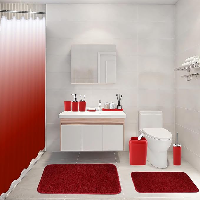 Burgundy Bathroom Accessories Set with Shower Curtain and Rugs, Dark Red Bathroom Accessories with Trash Can,Toothbrush Holder and Cup,Soap Dispenser,Tray,Soap Dish,Toilet Brush,Qtip Holders