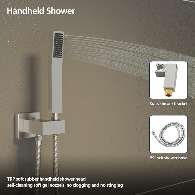 Sarlai Shower System Bathroom Shower Faucet Square Rainfall Shower Head and Handle Combo Wall Mounted Shower Faucet with Valve 12 Inch Shower Head Trim Systems Brushed Nickel
