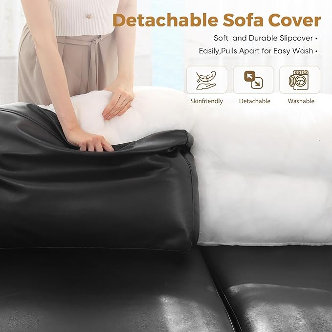 ABCASA 118.5" Faux Leather Modular Sectional Sofa, 7 Seater U Shaped Couch with Storage Seat with Reversible Chaise Deep Seat for Living Room Black