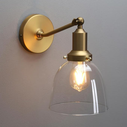 PERMO Industrial Vintage Slope Pole Wall Mount Single Sconce with 6.7" Oval Dome Clear Glass Shade Wall Sconce Light Fixture (Antique Gold)