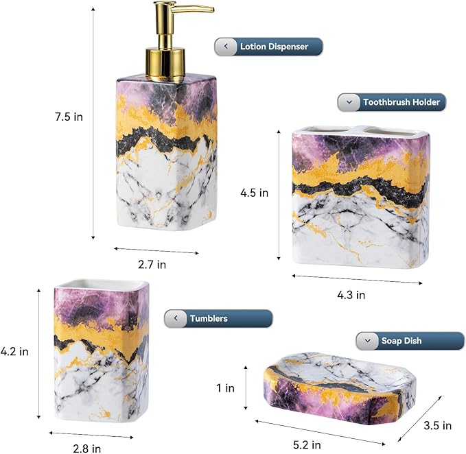 4 Piece Bathroom Accessories Set - Purple Bathroom Accessory Sets Includes Lotion Dispenser, Toothbrush Holder Tumbler, and Soap Dish - Glossy Finish (Marble, Purple)