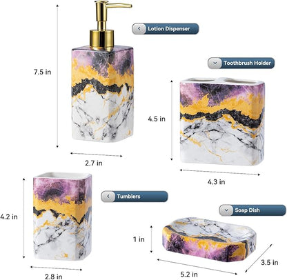 4 Piece Bathroom Accessories Set - Purple Bathroom Accessory Sets Includes Lotion Dispenser, Toothbrush Holder Tumbler, and Soap Dish - Glossy Finish (Marble, Purple)