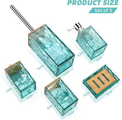 Teal Blue Beach Bathroom Accessories Set, Toothbrush Holder, Soap Dispenser, Cotton Swabs Holder, Soap Dish, Toilet Brush with Holder, Boho Bamboo Bathroom Decor,Acrylic (Teal)