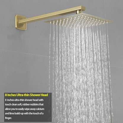 Brushed Gold Shower System Bathroom Luxury Rain Mixer Shower Combo Set Wall Mounted Rainfall Shower Head System Shower Faucet Rough-in Valve Body and Trim Included