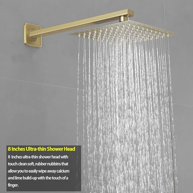 Brushed Gold Shower Faucet Set Bathroom Luxury Rainfall Shower System with Rain Shower Head Single Function Shower Trim Kit with Rough-in Valve
