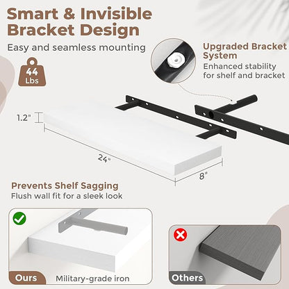 24 Inch Floating Shelves for Wall Set of 2, 8"D Wood Grain Bathroom Shelves with Invisible Brackets, Easy Install Engineered Wood Storage Shelves for Kitchen, Living Room, Bedroom, White Finish