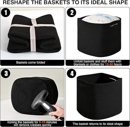 11 Inch Cube Storage Bins, Storage Cube Organizer Bins, Woven Cotton Rope Basket for Storage, Storage Baskets for Organizing Shelves, Square Baskets for Toys, Black (Pack of 3)